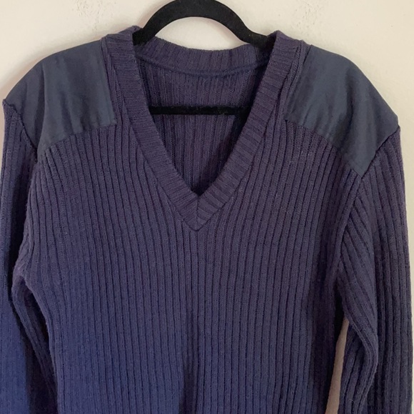 Navy Blue V Neck 100% Wool Sweater - Picture 2 of 7